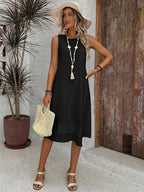 Vestido Midi Minimalista com Gola Redonda e Bainha Assimétrica - La Lecce