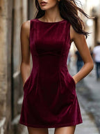 Vestido Curto Elegante com Gola Redonda e Bolsos
