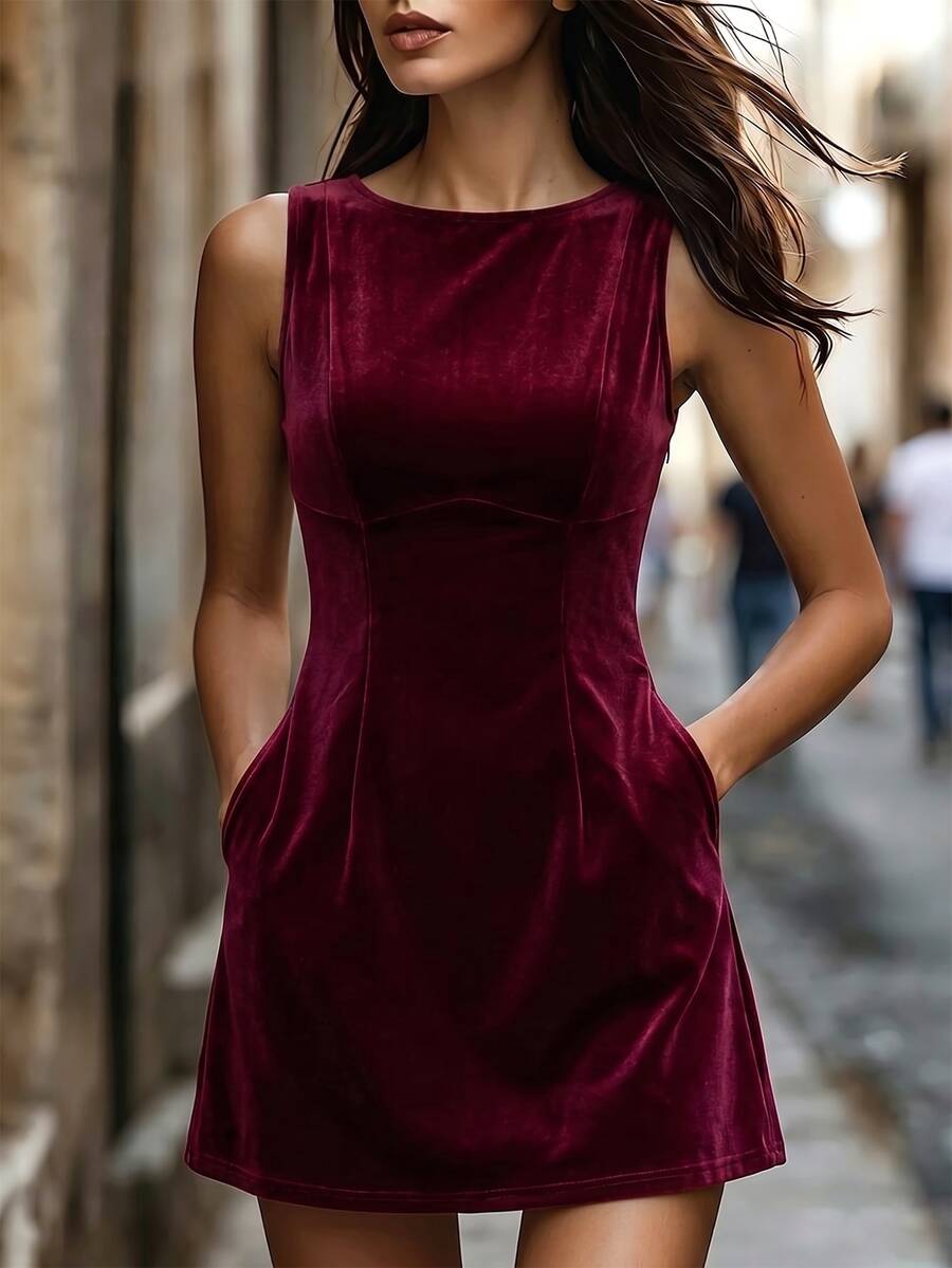 Vestido Curto Elegante com Gola Redonda e Bolsos