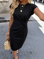 Vestido Midi de Algodão com Detalhe Torcido e Manga Curta - La Lecce