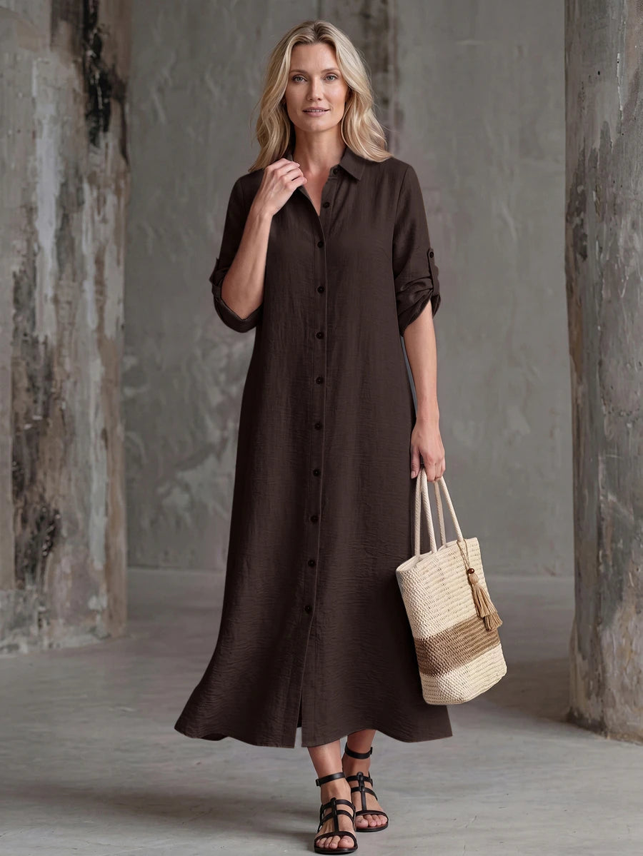 Vestido Saída de Praia Chemise Midi com Botões e Manga Dobrável - La Lecce