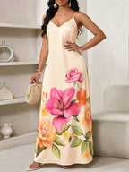 Vestido Longo Floral Decote V com Aplicação de Rosa 3D