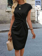 Vestido Midi de Algodão com Detalhe Torcido e Manga Curta - La Lecce