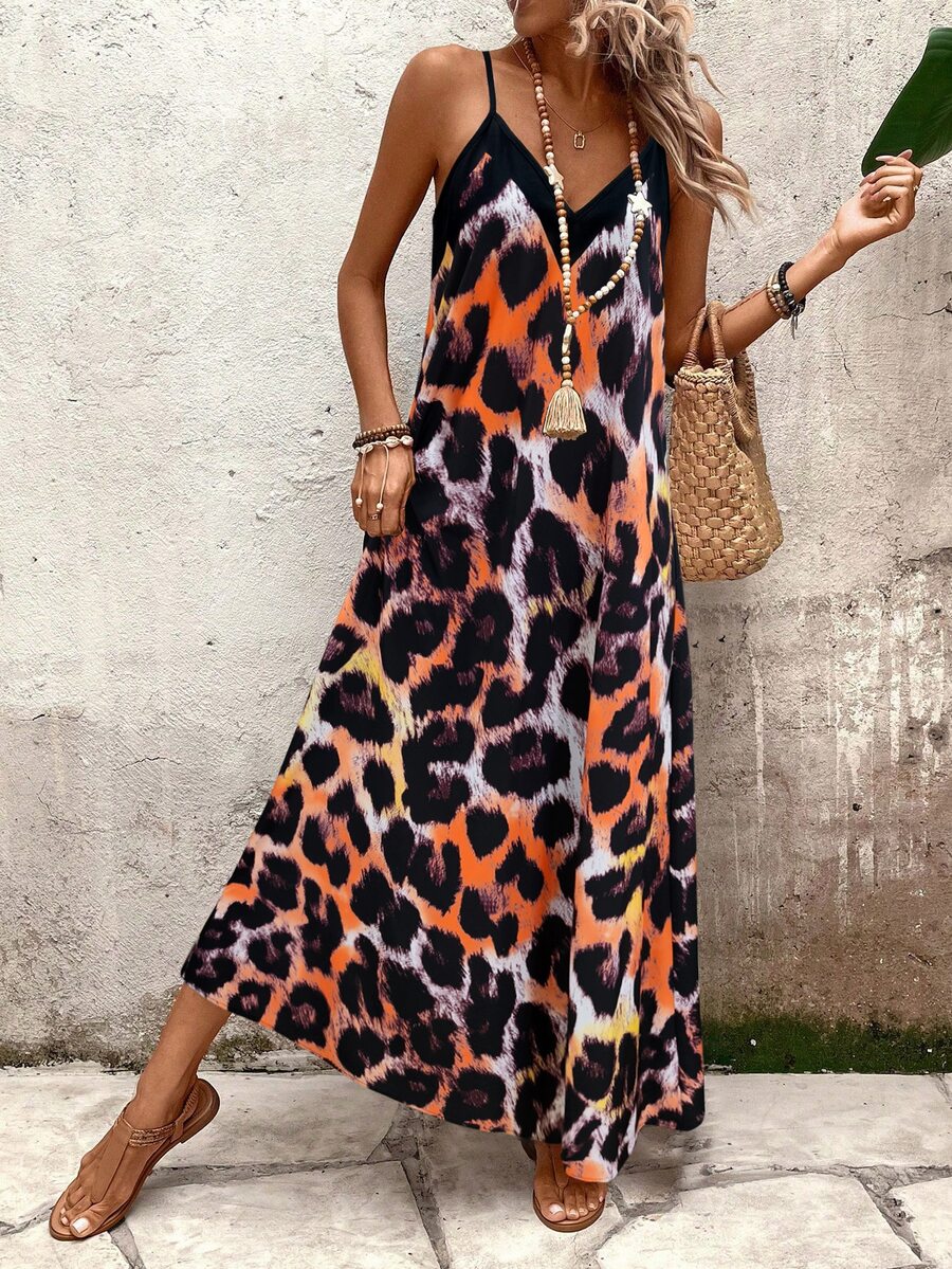 Vestido Longo Estampa de Leopardo com Costas Abertas - La Lecce