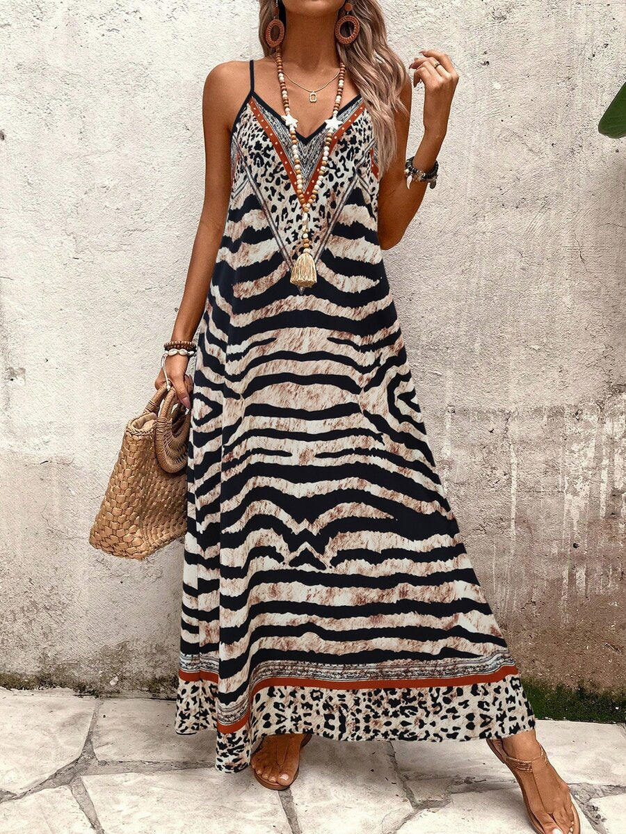 Vestido Longo Estampa de Onça com Alças Finas