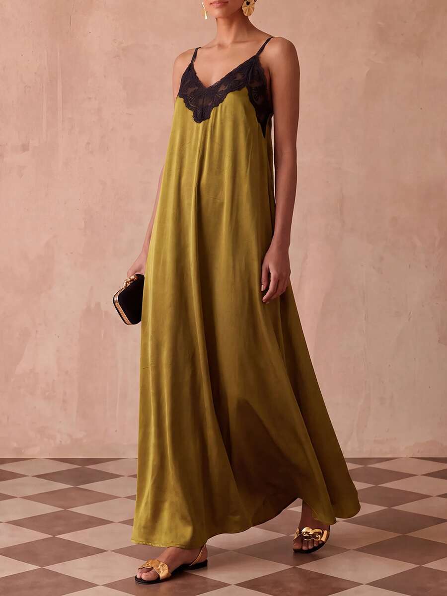 Vestido Longo Solto de Alças Finas com Babado - La Lecce
