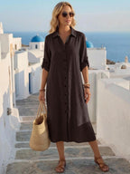 Vestido Saída de Praia Chemise Midi com Botões e Manga Dobrável - La Lecce