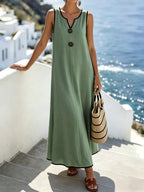 Vestido Longo Boho Sem Mangas com Decote V e Recorte Contrastante - La Lecce