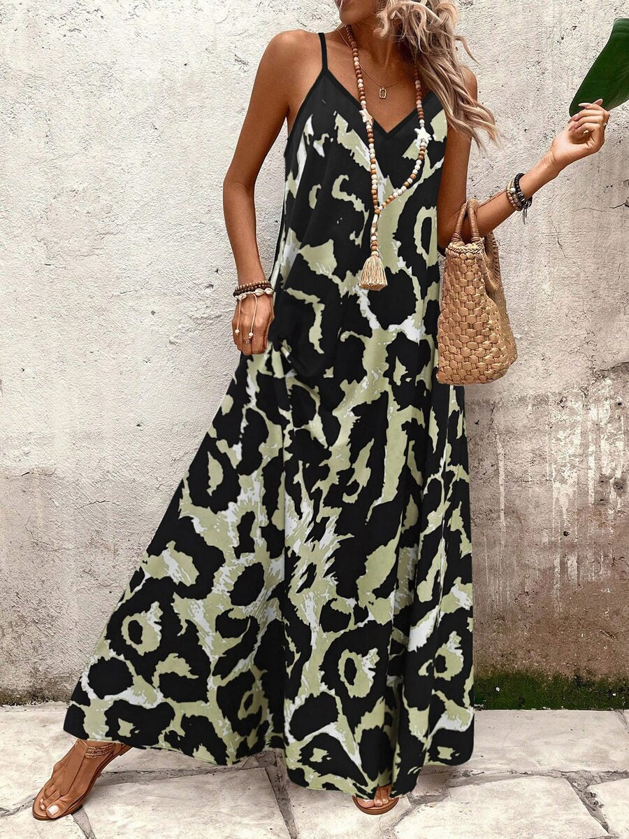 Vestido Longo Estampa de Leopardo com Costas Abertas - La Lecce