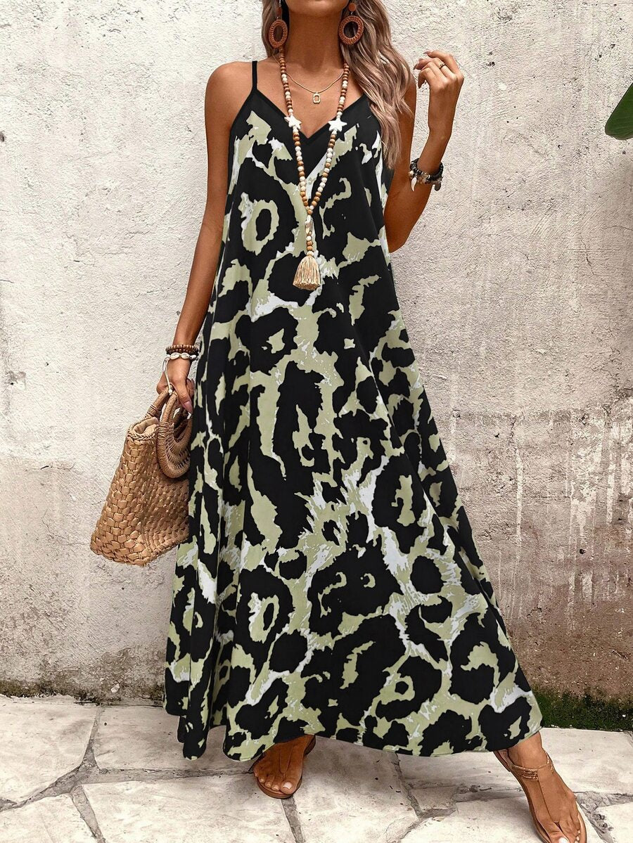 Vestido Longo Estampa de Leopardo com Costas Abertas - La Lecce