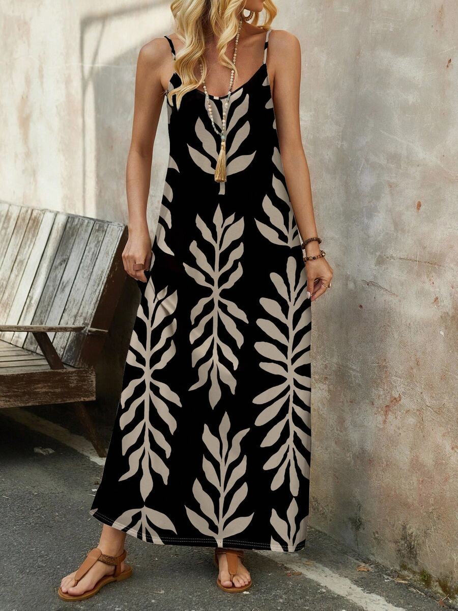 Vestido Longo de Malha com Estampa de Folhas de Coqueiro - La Lecce