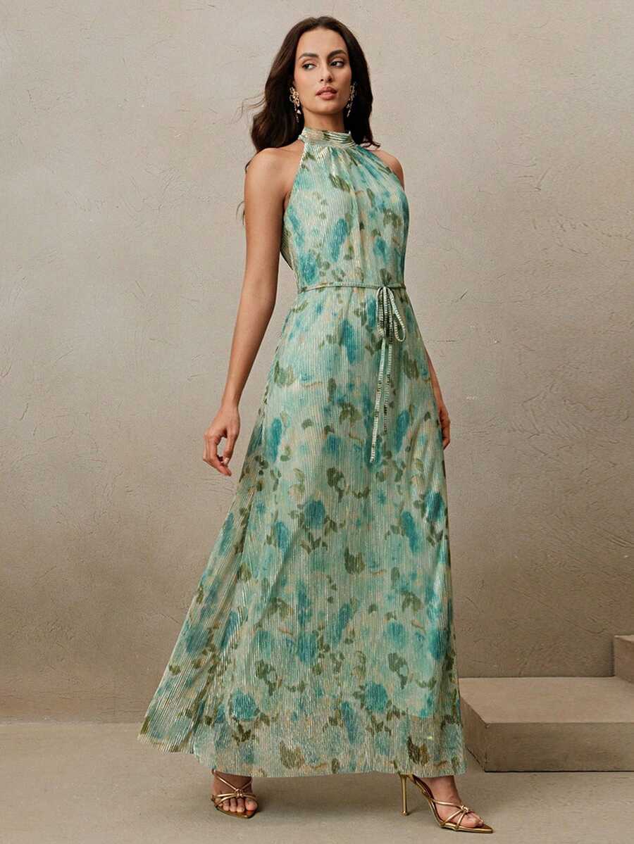 Vestido Longo Floral Frente Única com Cinto - La Lecce