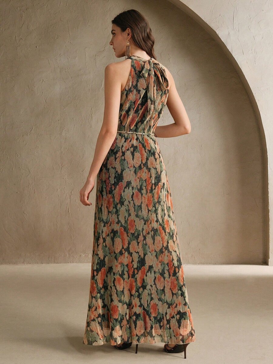 Vestido Longo Floral Frente Única com Cinto - La Lecce