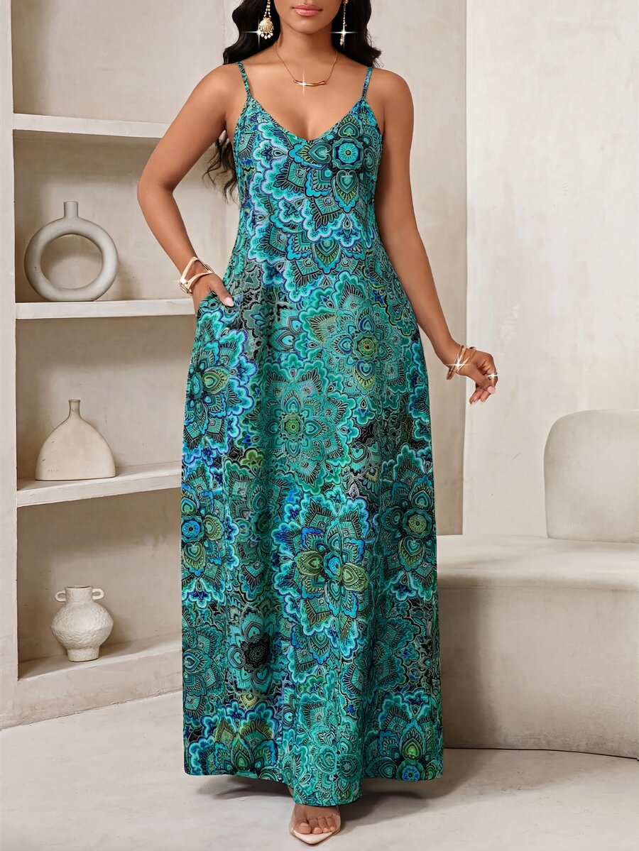 Vestido Longo Floral Decote V com Aplicação de Rosa 3D