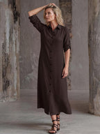 Vestido Saída de Praia Chemise Midi com Botões e Manga Dobrável - La Lecce
