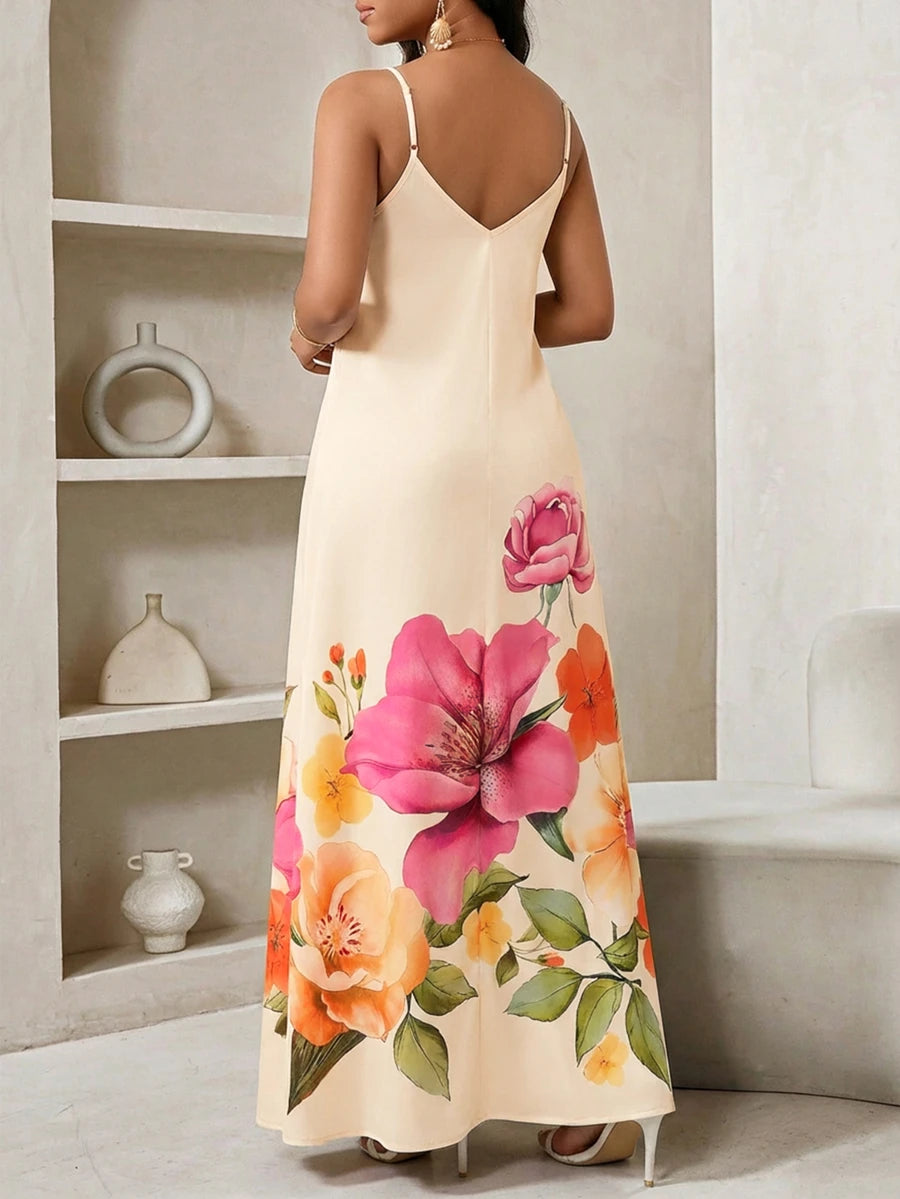 Vestido Longo Floral Decote V com Aplicação de Rosa 3D