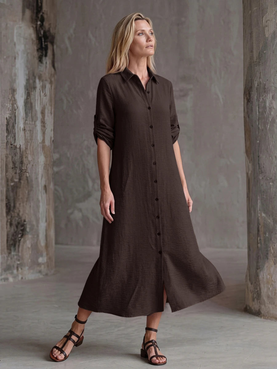 Vestido Saída de Praia Chemise Midi com Botões e Manga Dobrável - La Lecce