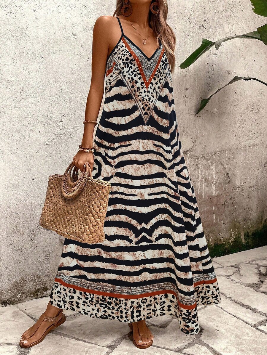Vestido Longo Estampa de Onça com Alças Finas