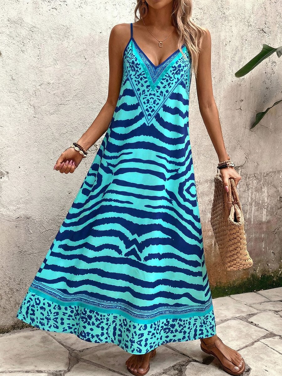 Vestido Longo Estampa de Onça com Alças Finas