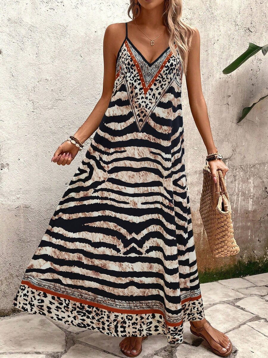 Vestido Longo Estampa de Onça com Alças Finas