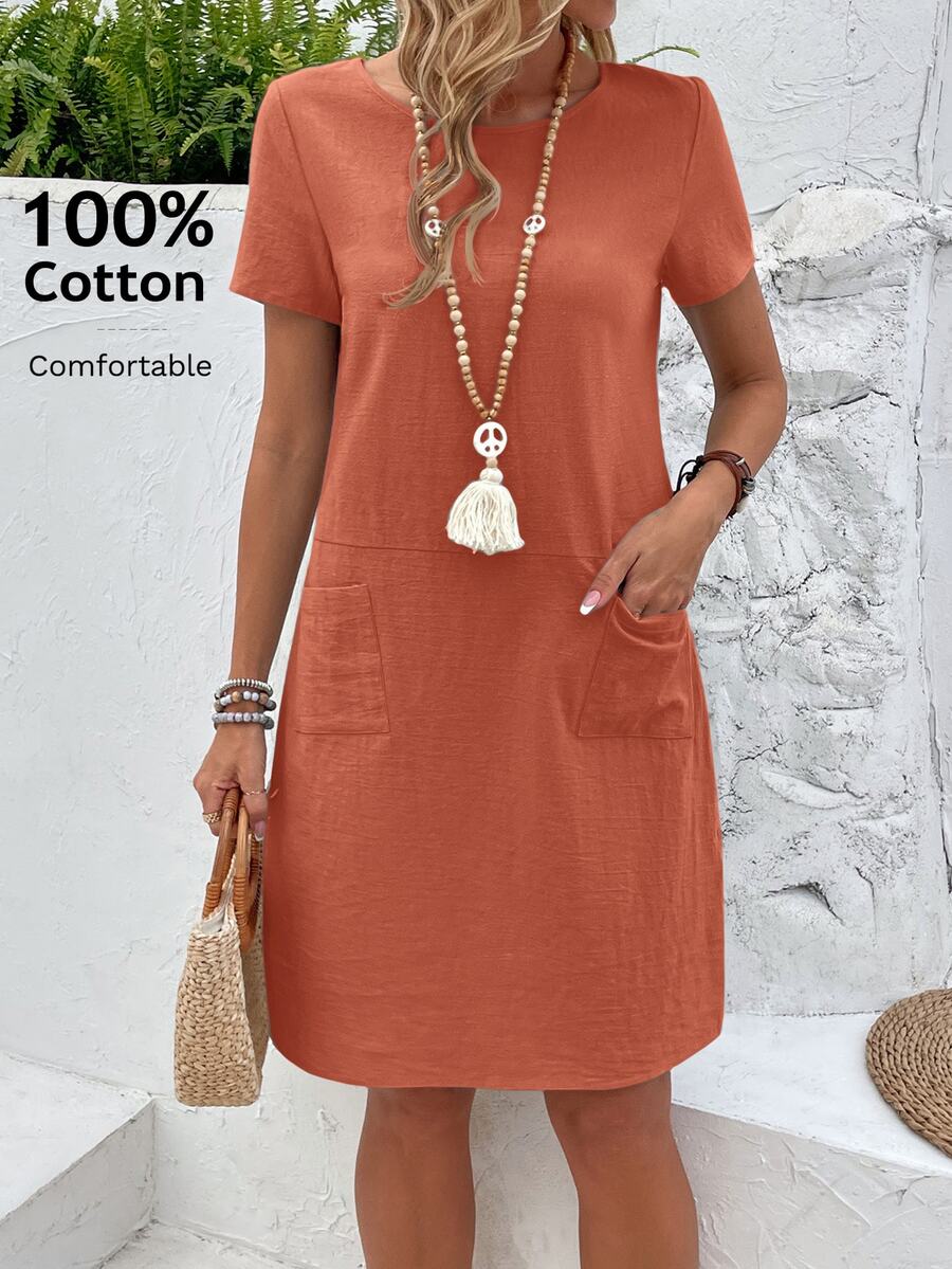 Vestido Midi Camiseta de Manga Curta com Bolsos - La Lecce