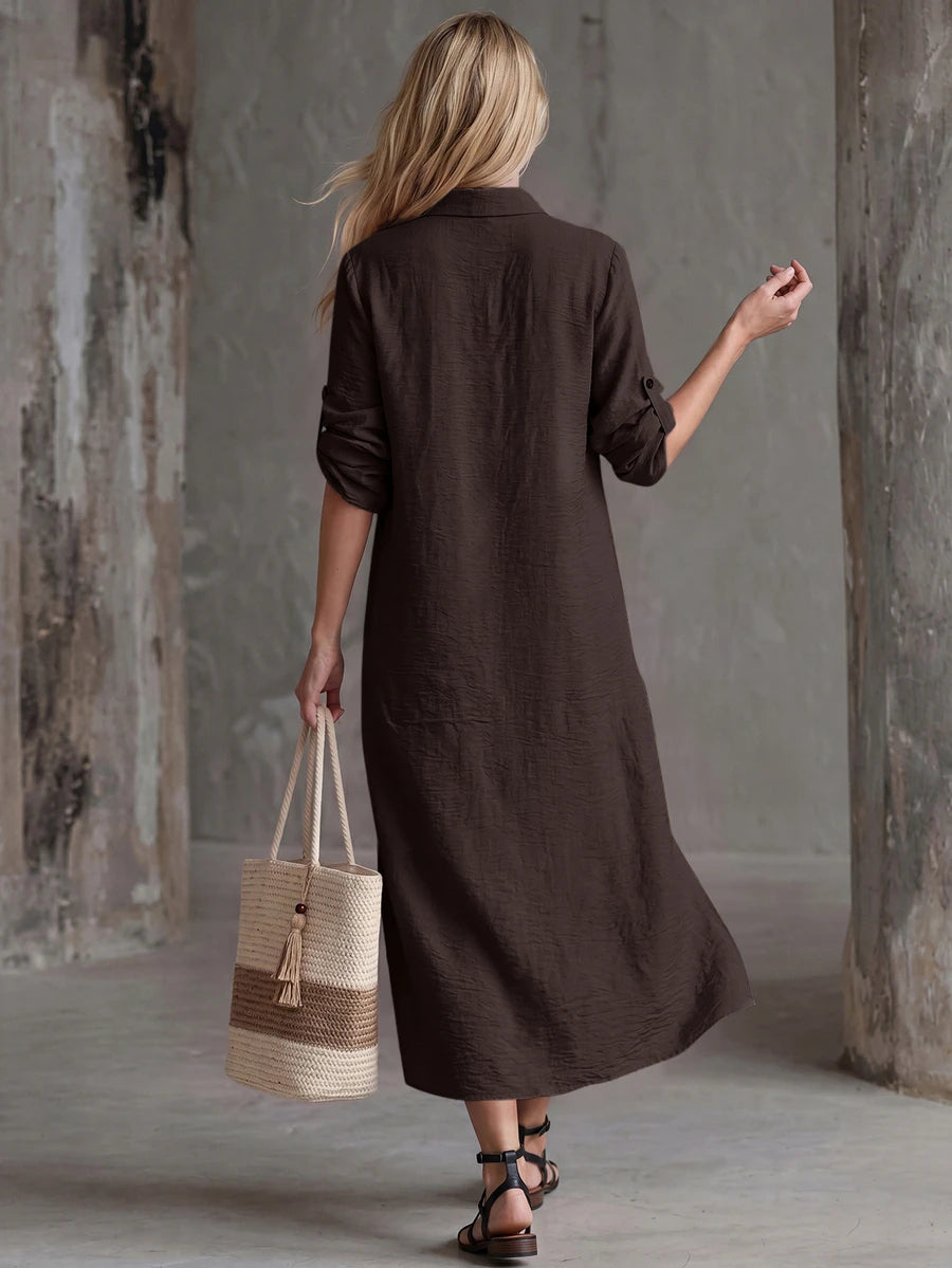 Vestido Saída de Praia Chemise Midi com Botões e Manga Dobrável - La Lecce