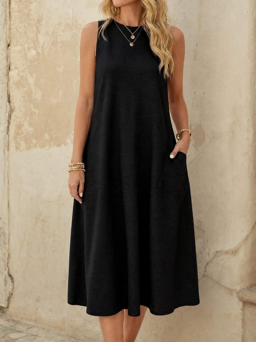 Vestido Midi Sem Mangas com Gola Redonda e Bolsos - La Lecce