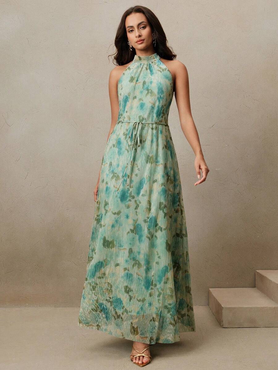 Vestido Longo Floral Frente Única com Cinto - La Lecce