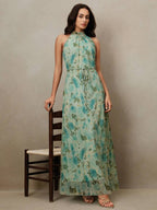 Vestido Longo Floral Frente Única com Cinto - La Lecce