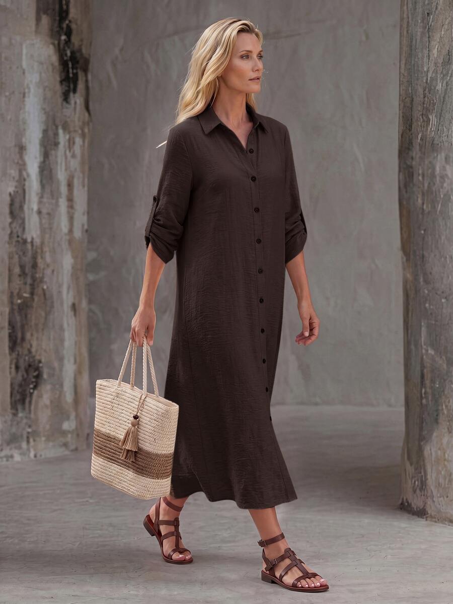 Vestido Saída de Praia Chemise Midi com Botões e Manga Dobrável - La Lecce