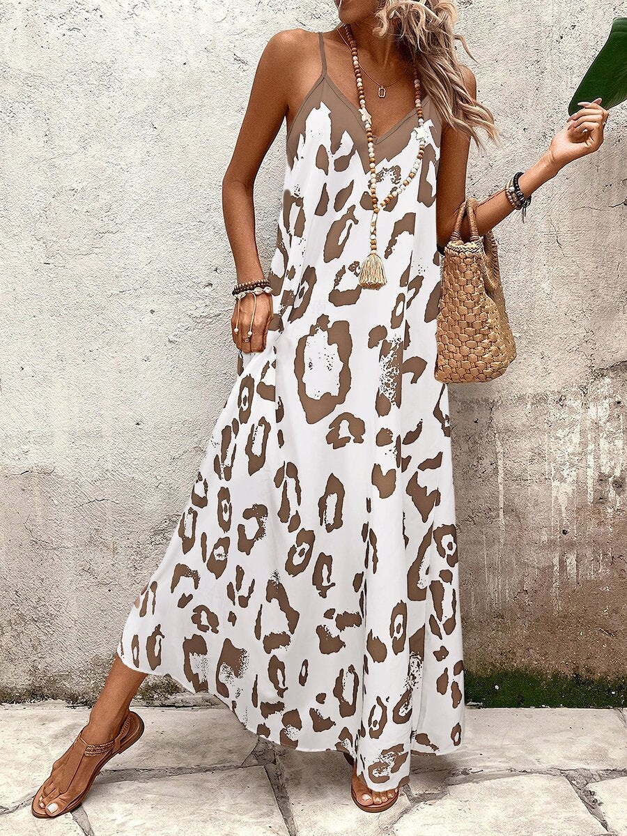 Vestido Longo Estampa de Onça com Alças Finas - La Lecce