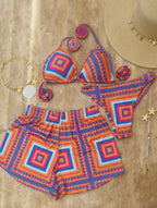 Conjunto de Biquíni 3 Peças com Estampa Tropical e Shorts - conjunto completo