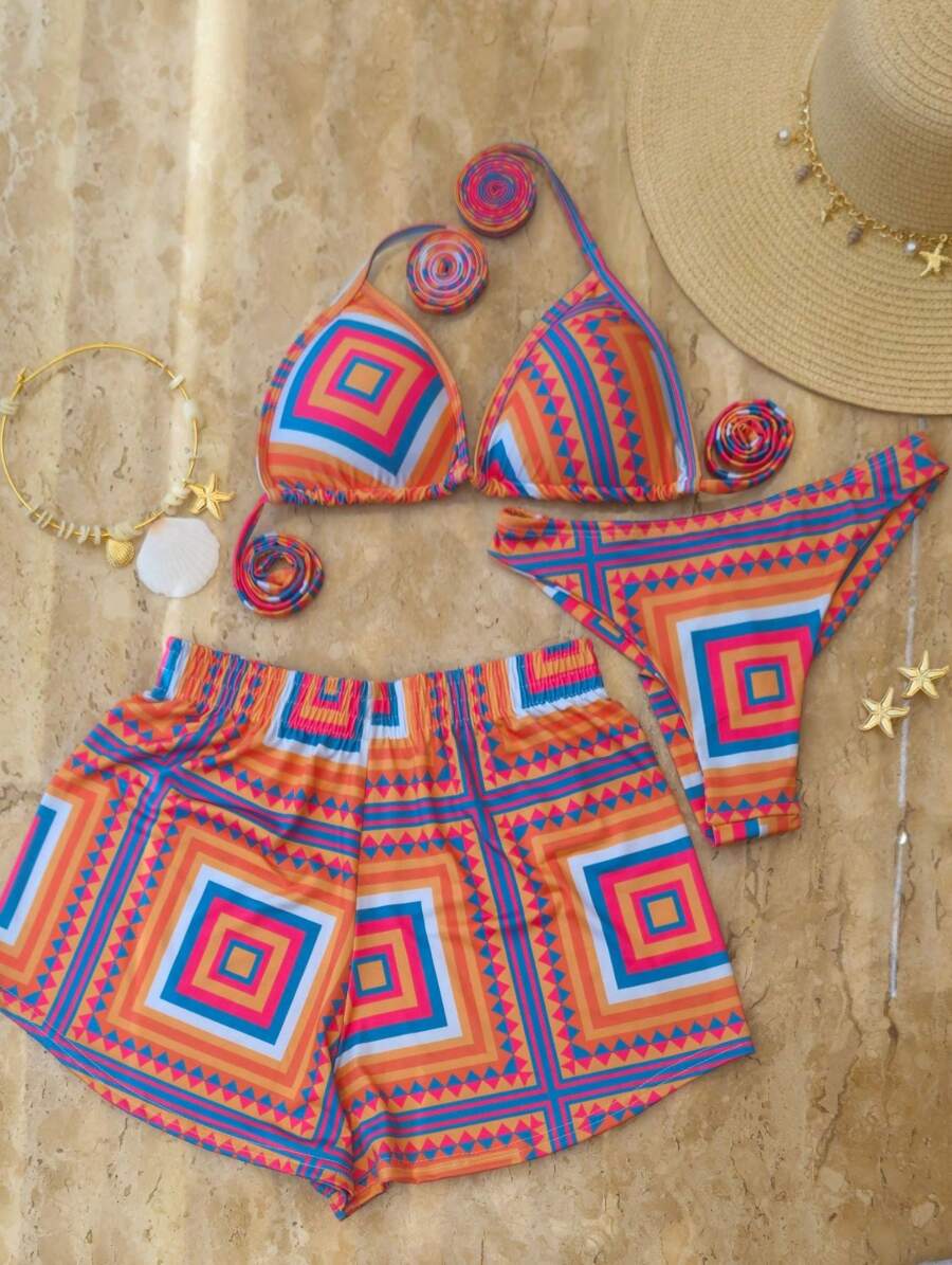 Conjunto de Biquíni 3 Peças com Estampa Tropical e Shorts - conjunto completo