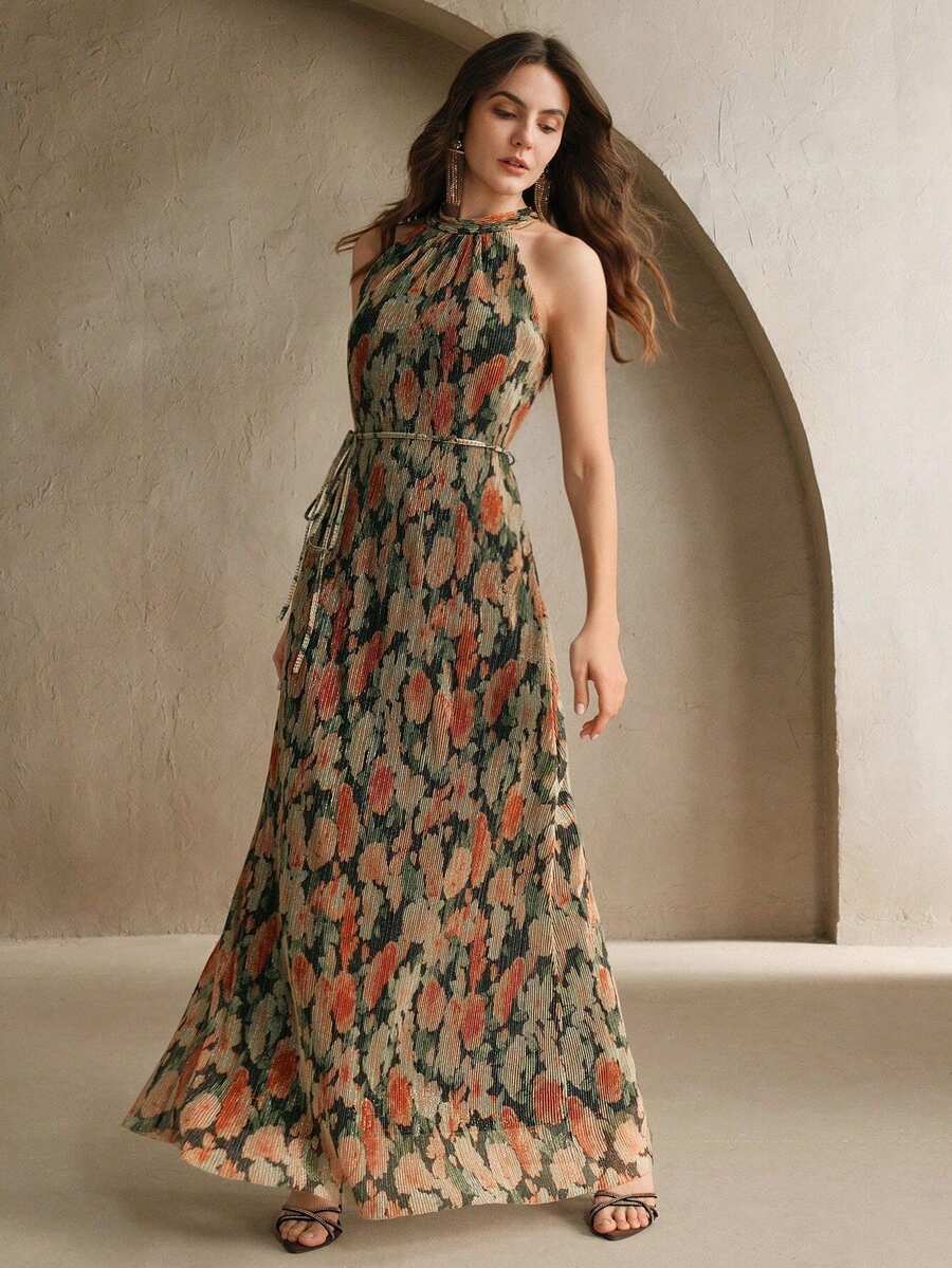 Vestido Longo Floral Frente Única com Cinto - La Lecce