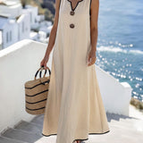 Vestido Longo Boho Sem Mangas com Decote V e Recorte Contrastante