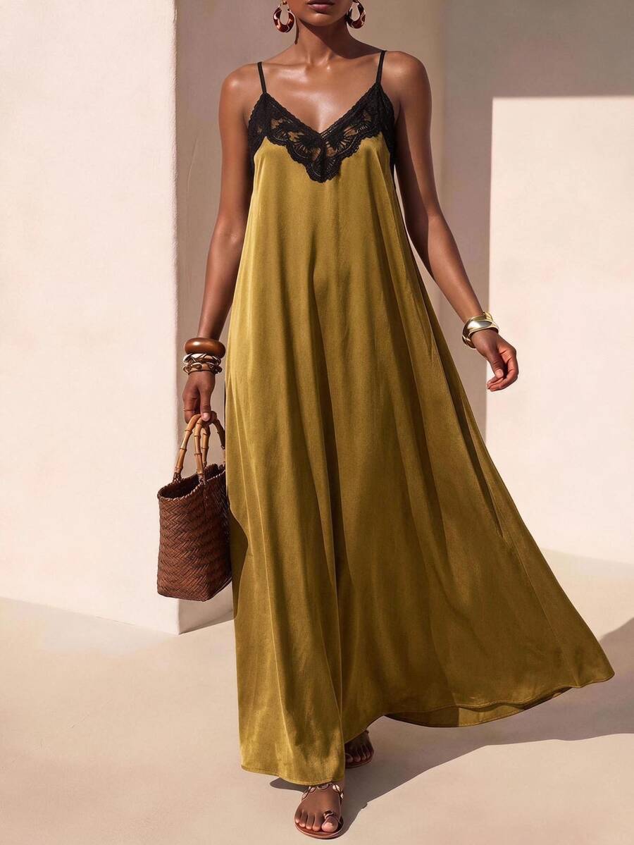 Vestido Longo Solto de Alças Finas com Babado - La Lecce