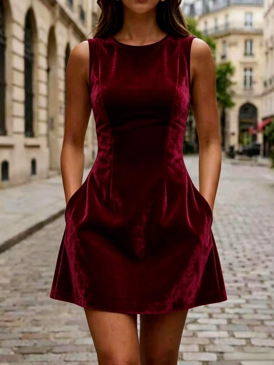 Vestido Curto Elegante com Gola Redonda e Bolsos - La Lecce
