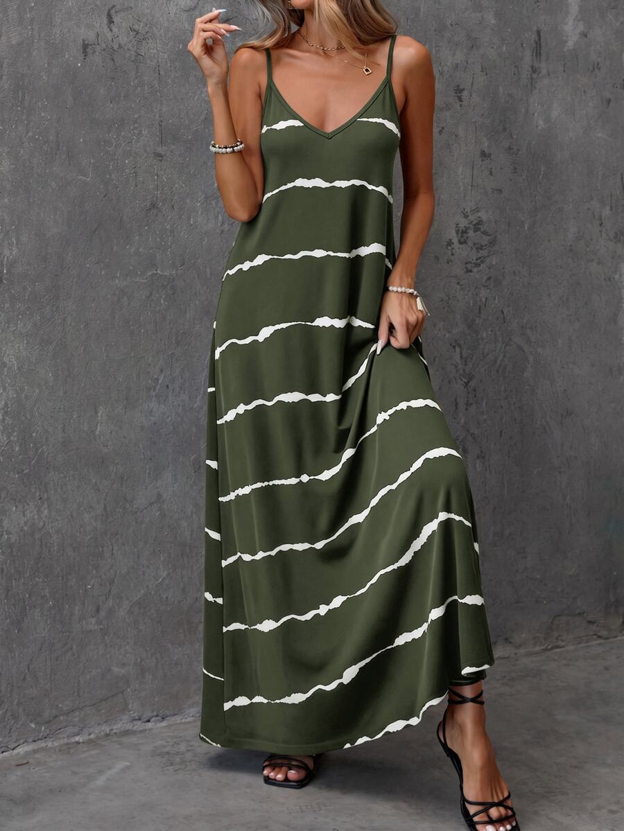 Vestido Longo de Malha com Estampa de Folhas de Coqueiro