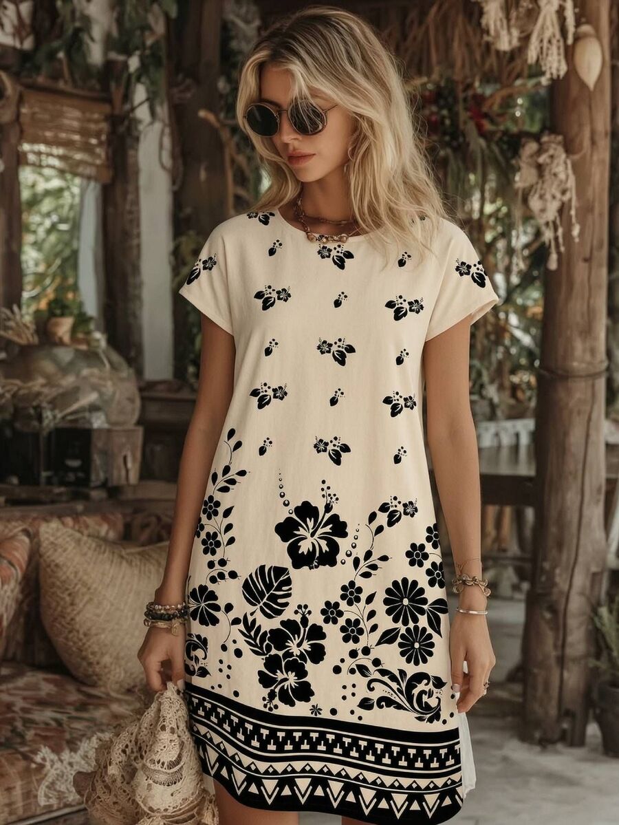 Vestido Curto Estilo Camiseta com Estampa Geométrica - La Lecce