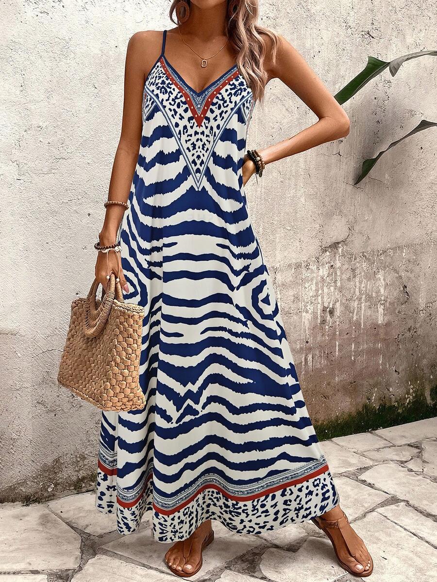 Vestido Longo Estampa de Onça com Alças Finas - La Lecce