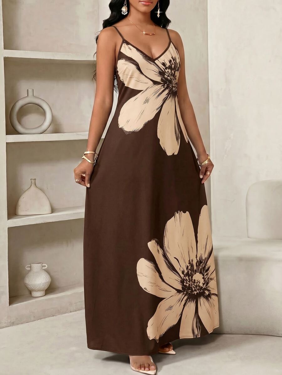 Vestido Longo Floral Decote V com Aplicação de Rosa 3D