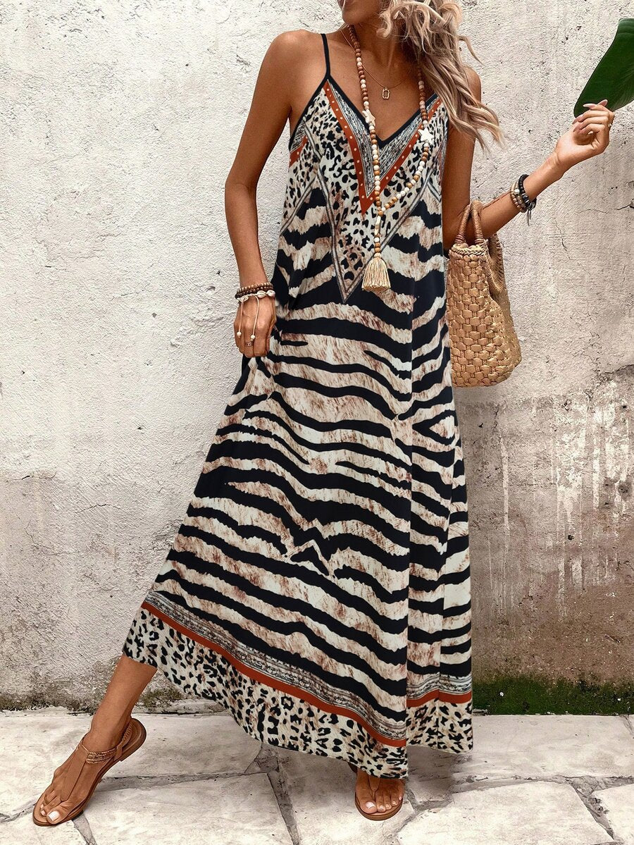 Vestido Longo Estampa de Onça com Alças Finas