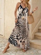 Vestido Longo Estampa de Leopardo com Costas Abertas - La Lecce