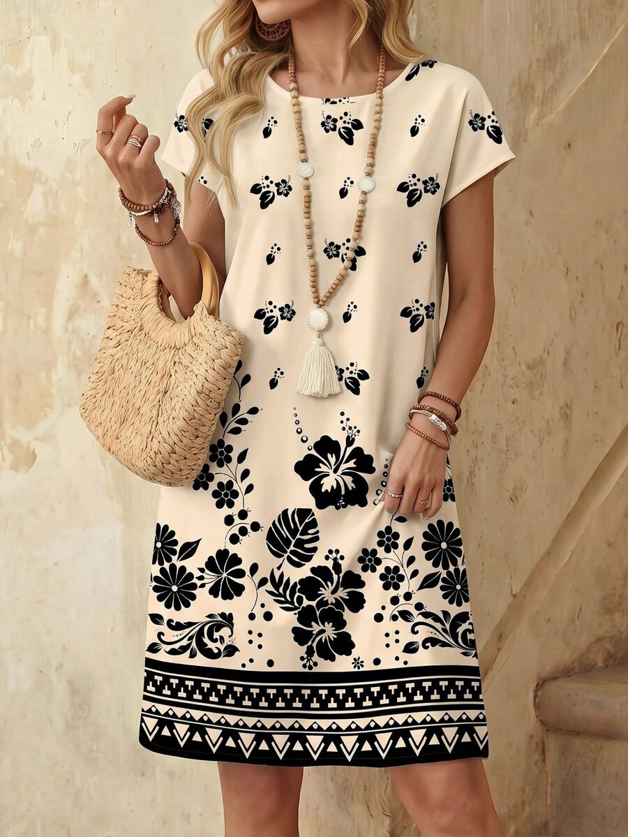 Vestido Curto Estilo Camiseta com Estampa Geométrica - La Lecce