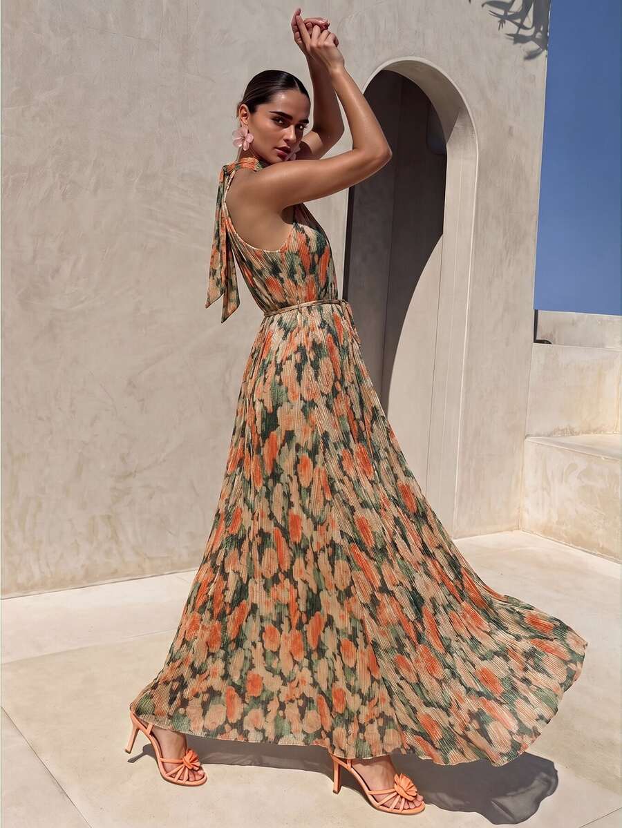Vestido Longo Floral Frente Única com Cinto - La Lecce
