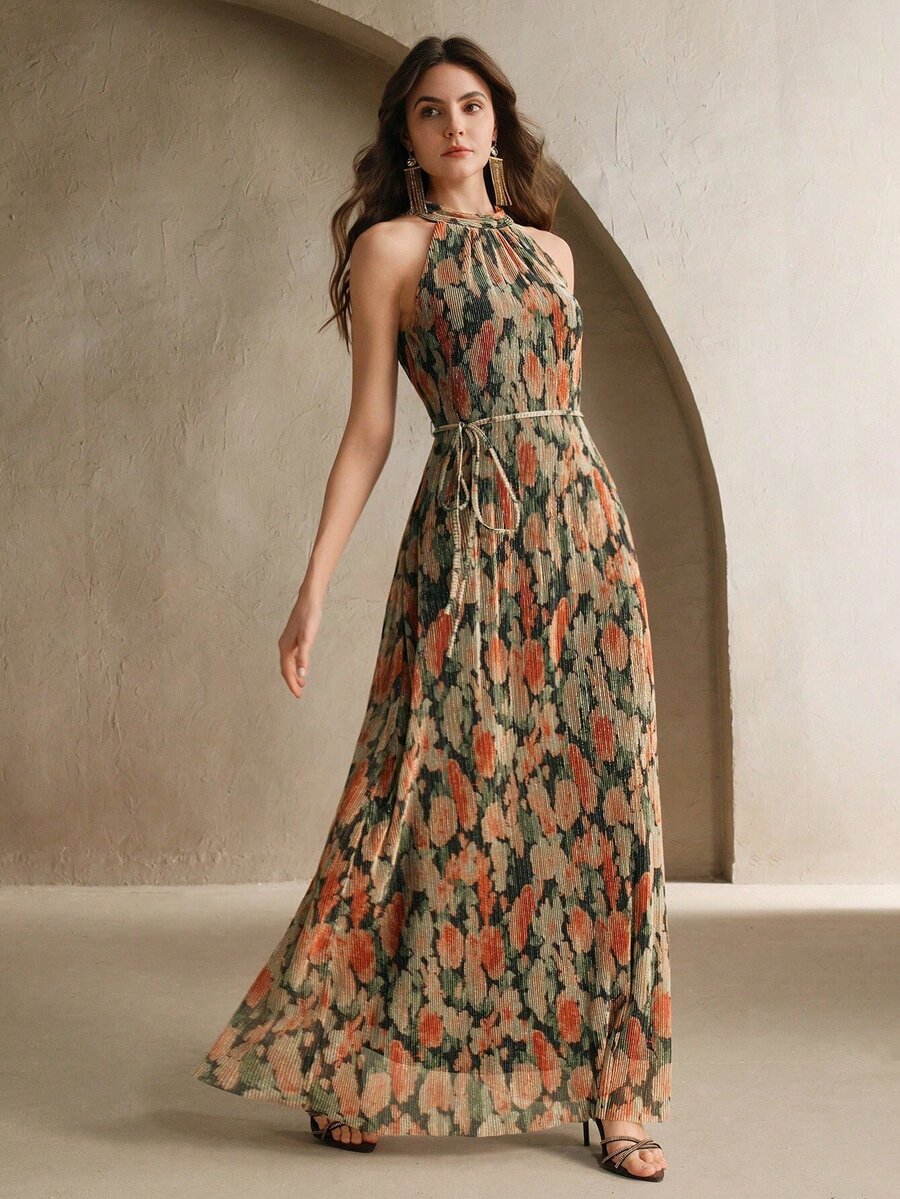 Vestido Longo Floral Frente Única com Cinto - La Lecce