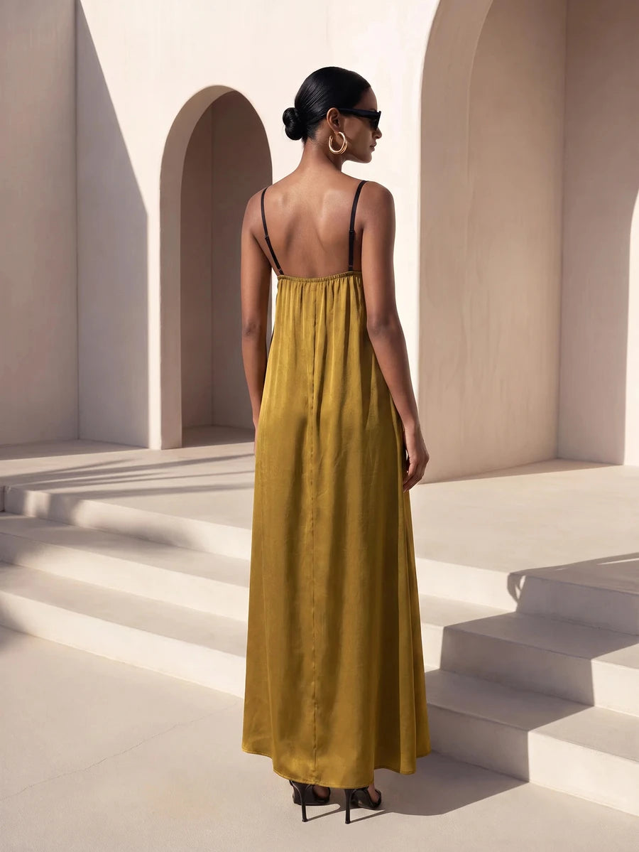 Vestido Longo Solto de Alças Finas com Babado - La Lecce