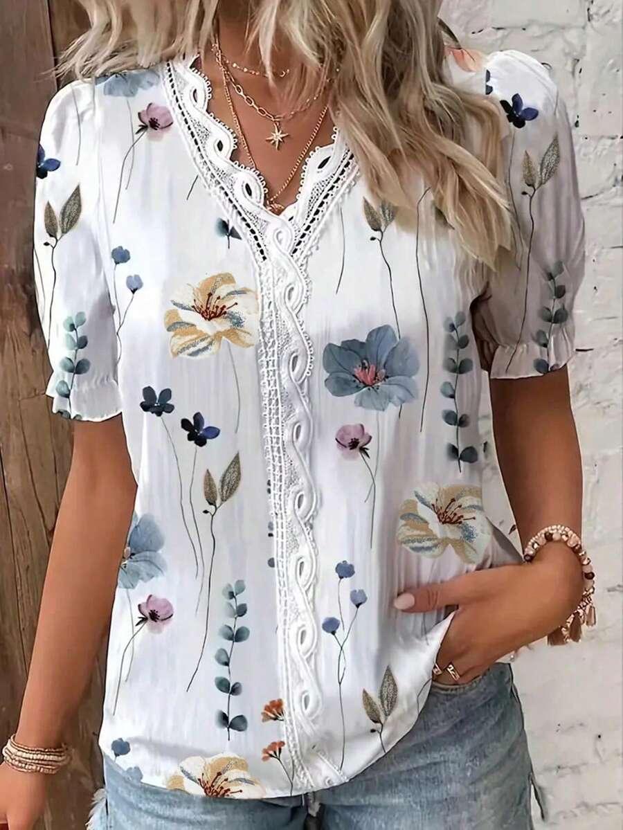 Blusa Floral de Manga Bufante com Renda Frontal IMG 1