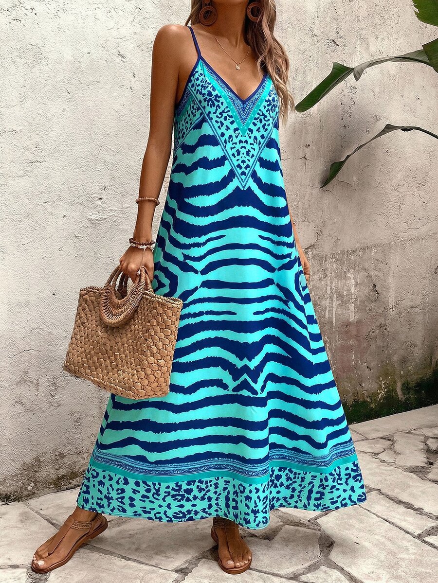Vestido Longo Estampa de Onça com Alças Finas