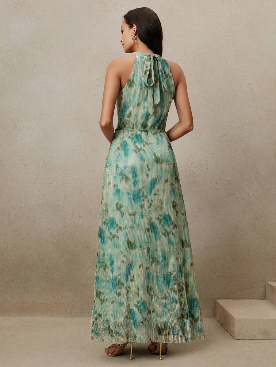 Vestido Longo Floral Frente Única com Cinto - La Lecce